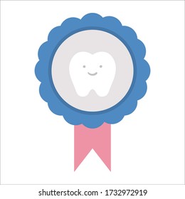 Medalla vectorial con diente sonriente. Tarjeta vectorial para tratamiento dental o cambio de dientes para niños. Graciosa imagen de cuidado dental para niños. Clínica de bebés para dentistas