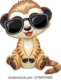 A cute vector meerkat sits smiling while wearing dark sunglasses on a white background.