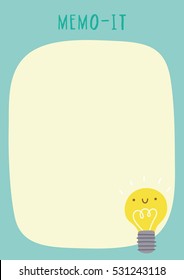 Cute vector Memo-It Sticker template. Memo card for notes with cute Light Bulb character in cartoon style.