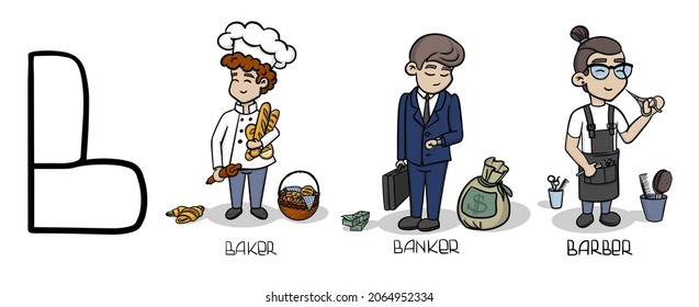Cute vector men with attributes in profession in letter B: Baker, Banker, Barber