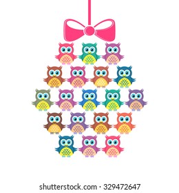 Cute vector merry christmas ball made of owls