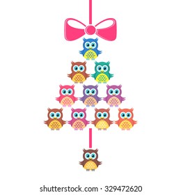 Cute vector merry christmas bell made of owls