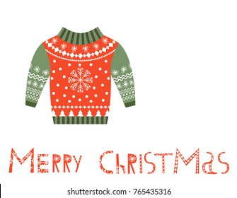 Cute vector Merry Christmas card with sweater and decorative text in red and green holiday colors