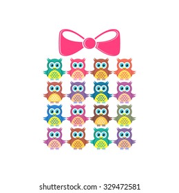 Cute vector merry christmas gift made of owls