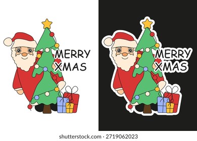 Vetor bonito Feliz Natal adesivo isolado fundo. Engraçado Natal Arte pegajosa com Papai Noel árvore de Natal e presentes. Impressão perfeita de camiseta nas mídias sociais. EPS 10