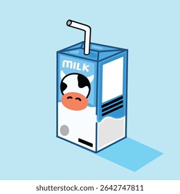 Cute vector of a milk box with straw and cow face in colorful cartoon style. Great for dairy packaging, kids’ food branding, nutrition promos, and education. Fully editable for all uses.