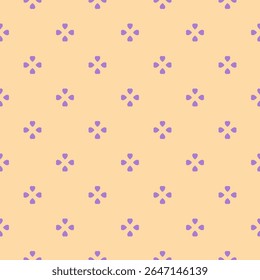 Cute vector minimalist seamless pattern. Subtle easy floral geometric texture. Abstract minimal background with small flower silhouettes, petals, heart shapes. Purple and yellow repeated modern design