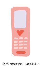 Cute vector mobile with heart bottom. Cartoon hand drawn mobile phone isolated on white background.