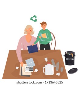 Madre y hijo portadores que clasifican los residuos para llevarlos al reciclaje. Separación de los residuos en fracciones: papel, plástico y compost. Dibujo vectorial plano. Cero desperdicio.
