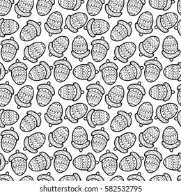 Cute vector monochrome acorn seamless pattern. Simple black and white doodle print with acorns
