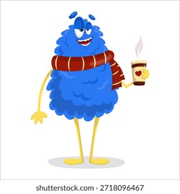A cute vector monster holding a cup of coffee. Monster, vector, coffee, enjoyment, relaxation.