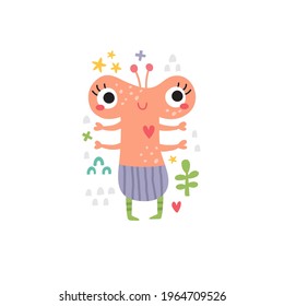 cute vector monster illustration, adorable pink lady monster, funny concept for children related products