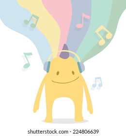 Cute vector monster listens to music on abstract rainbow background