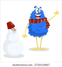 A cute vector monster is making a snowman. Monster, vector, winter, games, snowman, sculpting, fun.