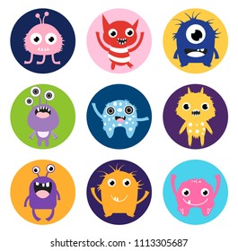 Cute vector monster stickers or labels, colorful circles with fun animal characters