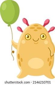 Cute vector monster. Yellow monster holding a red balloon. Print for children's clothes