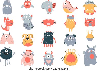 Cute vector monsters illustrations set. Collection art for Halloween, baby shower, birthday party