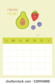 Cute vector Monthly Blank Calendar. Ready to use Planner template with smiley Fruits characters. Beautiful printable template for organizer and planner.