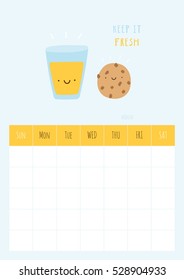 Cute vector Monthly Blank Calendar. Ready to use Planner template with smiley Orange Juice and Cookie characters. Beautiful printable template for organizer and planner.