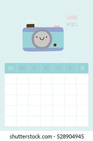 Cute vector Monthly Blank Calendar. Ready to use Planner template with smiley Photo Camera characters. Beautiful printable template for organizer and planner.