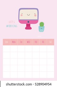 Cute vector Monthly Blank Calendar. Ready to use Planner template with smiley Computer characters. Beautiful printable template for organizer and planner.