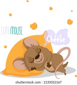 Cute vector mouse character in cartoon style. The mouse is sleeping sweetly on the pillow.. Postcard. Children's poster. Children's print.