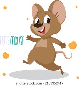 Cute vector mouse character in cartoon style. The mouse runs away. Postcard. Children's poster. Children's print.