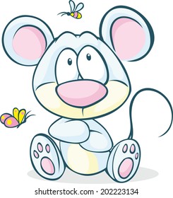 cute vector mouse sitting isolated on white background with butterfly and bee