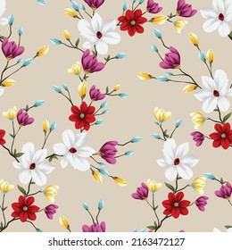 cute vector multi color stock flowers with leaves pattern on cream background