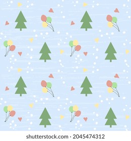 Cute vector multicolored balls, hearts, Christmas trees, dots on a bluish background, textured. Seamless illustrations for the holiday, postcards, packaging.