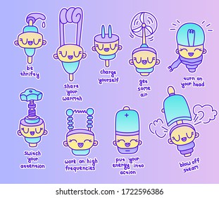 Cute vector multi-colored stickers of household appliances and various mechanisms with wise inscriptions. Unusual illustrations to decorate your diary, website design or mobile application.