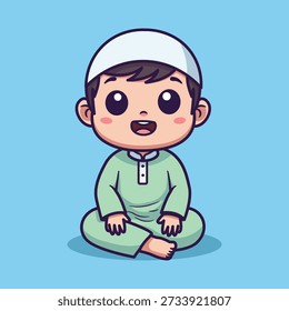 Cute Vector Muslim Kid Sitting Cross Legged Cartoon Children Illustration