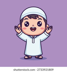 Bonito Vetor Muslim Kid na ilustração tradicional de crianças dos desenhos animados da roupa islâmica