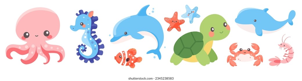 Cute vector nautical set. Children's illustrations on white background. Dolphin whale sea octopus seahorse crab shrimp seagull turtle