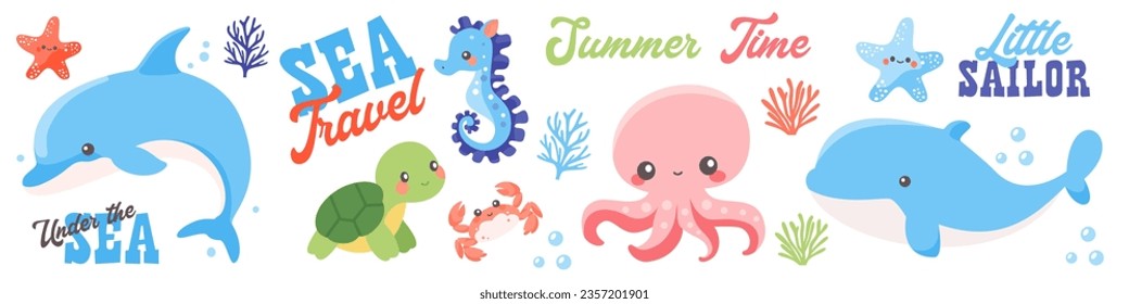 Cute vector nautical set. Children's illustrations on white background. Dolphin whale sea lighthouse octopus seahorse crab shrimp shrimp seagull turtle turtle. Various marine-themed lettering