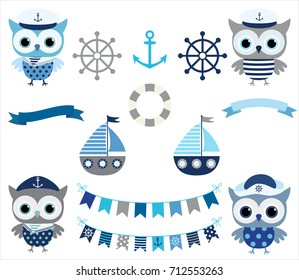 Cute vector nautical set with sailor owl birds, buntings and boats in grey and blue colors for baby boy designs and scrapbooking