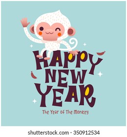 Cute Vector New Year Card- The Year of The Monkey , On blue background
