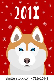 Cute Vector New Year Illustration with Dog on Red Background for Poster, Invitation, Calendar and Postcard.