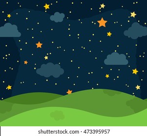 Cute Vector Nighttime Landscape with Rolling Hills, Stars and Clouds