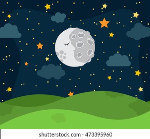 Cute Vector Nighttime Landscape with Rolling Hills, Stars and Clouds