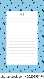 Cute vector note list template for kids. Memo card on blue background with dark hearts in hand drawn cartoon style. Colorful vector illustration for stationary, schedule, list, school timetable