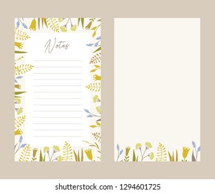 Cute vector notes templates. Elegant floral pastel tone organizers and notepads. Floral stationery.