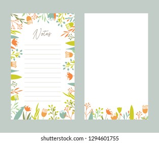 Cute vector notes templates. Elegant floral pastel tone organizers and notepads. Floral stationery.