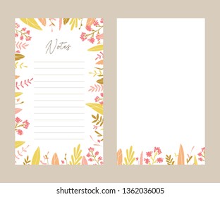 Cute vector notes templates. Elegant floral pastel tone organizers and notepads. Floral stationery.