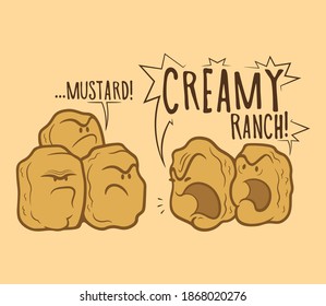 Cute vector Nuggets chooses mustard or creamy ranch sauce cartoon