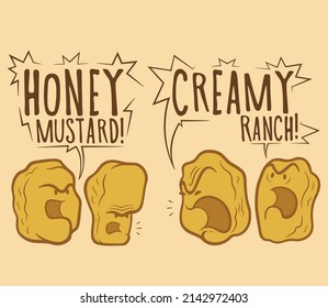 Cute vector nuggets make hard choices honey mustard or creamy ranch sauce cartoon