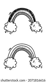 Dibujo de garabato de vivero de vectores lindo monocromo arco iris blanco y negro decorado con líneas de garabatos. 