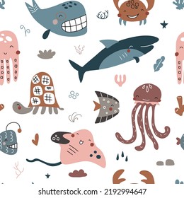 Cute vector ocean seamless pattern with sea creatures for girls and boys, summer baby shower and birthday party design. Jellyfish, Crab, Turtle, Octopus, Fish, Stingray, Whale
