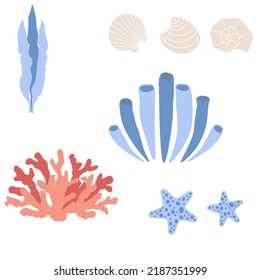 Cute vector ocean set with algae, corals, shells.Underwater cartoon creatures.Marine animals.Cute illustration for fabric, childrens clothing,book, postcard,wrapping paper