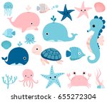 Cute vector ocean set with sea creatures for girls and boys summer baby shower and birthday designs